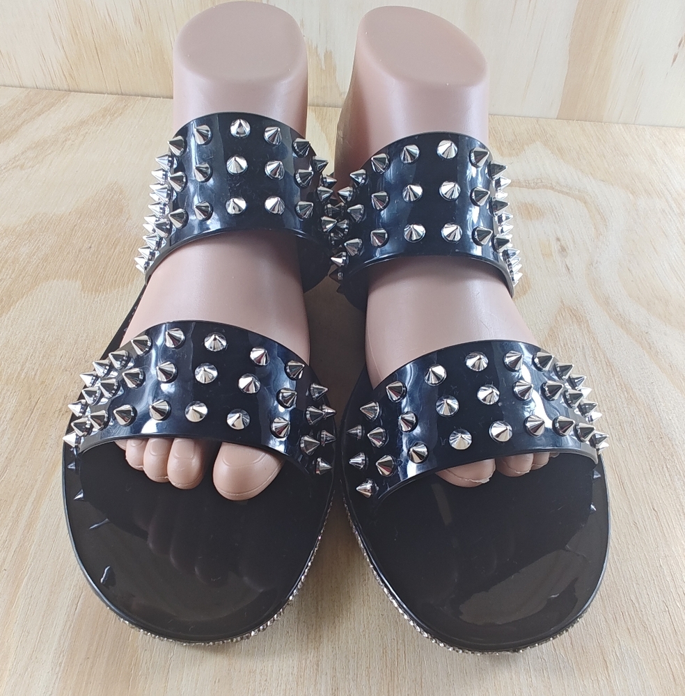 LOVE MARK  Women's Black Silver Studded Jelly Slip-On Flat Sandal 9